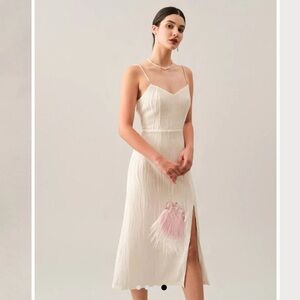 NWT RIHOAS Cream Textured Wave Pearl Midi Dress